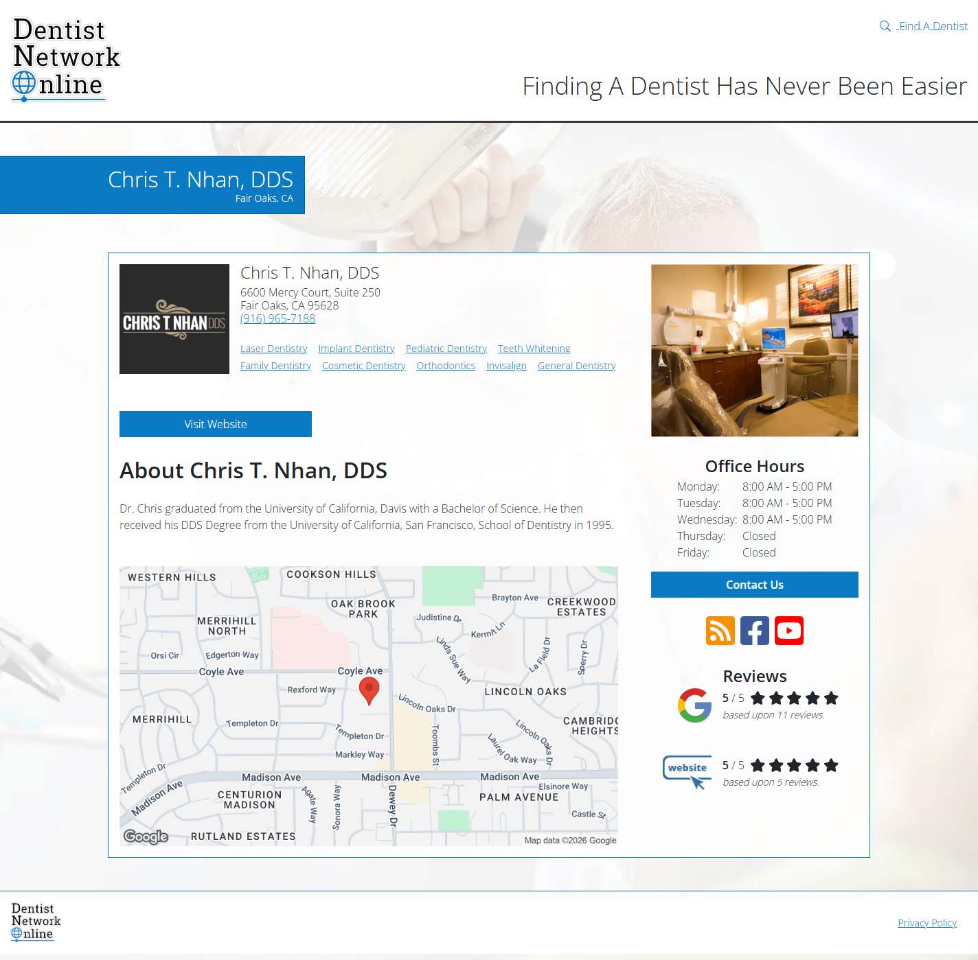 Dentist Network Online profile for Chris T. Nhan, DDS, showing practice details, office hours, reviews, and a location map.