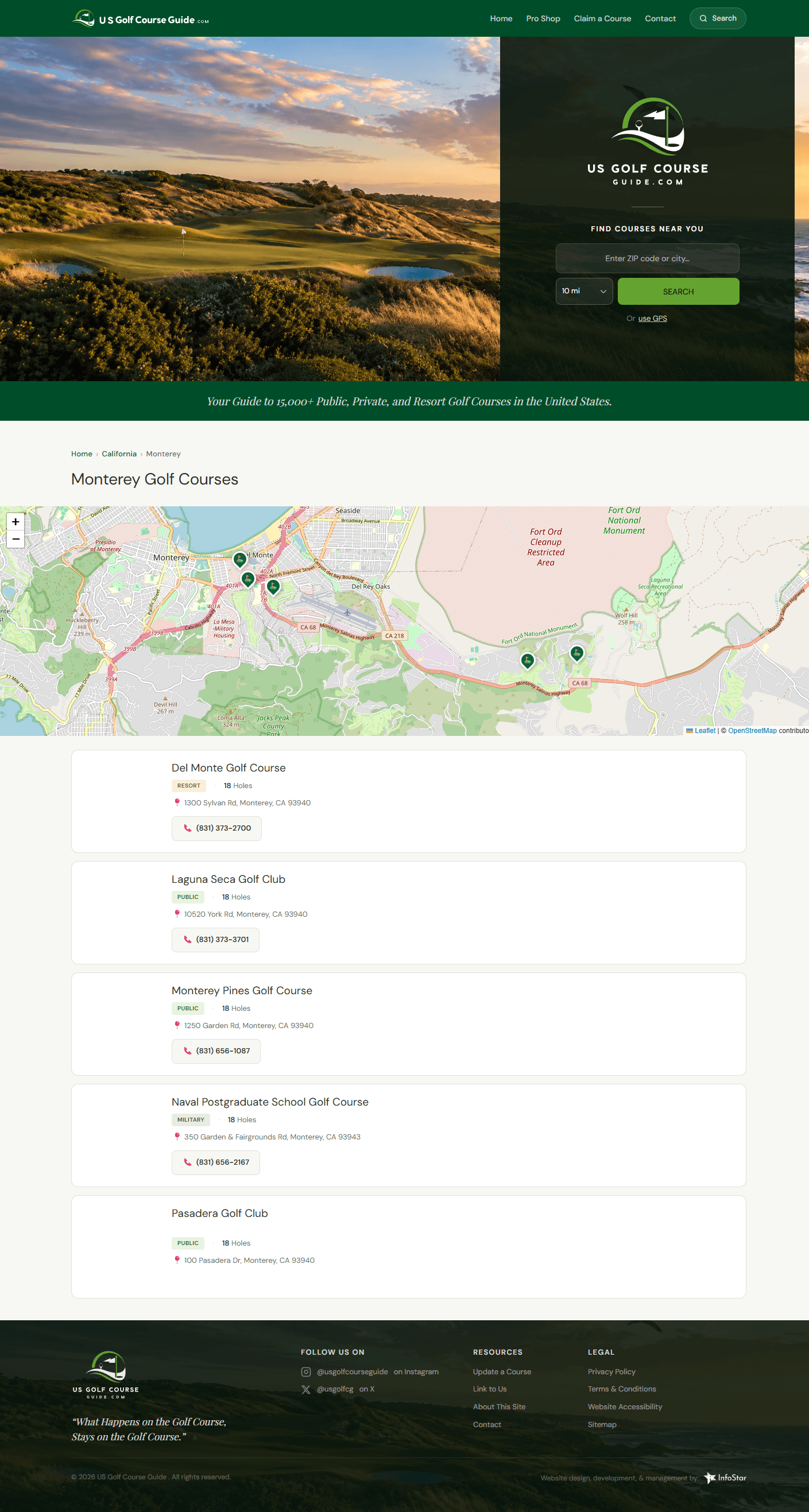 The public US Golf Course Guide Monterey, California results page with a course map and directory listings