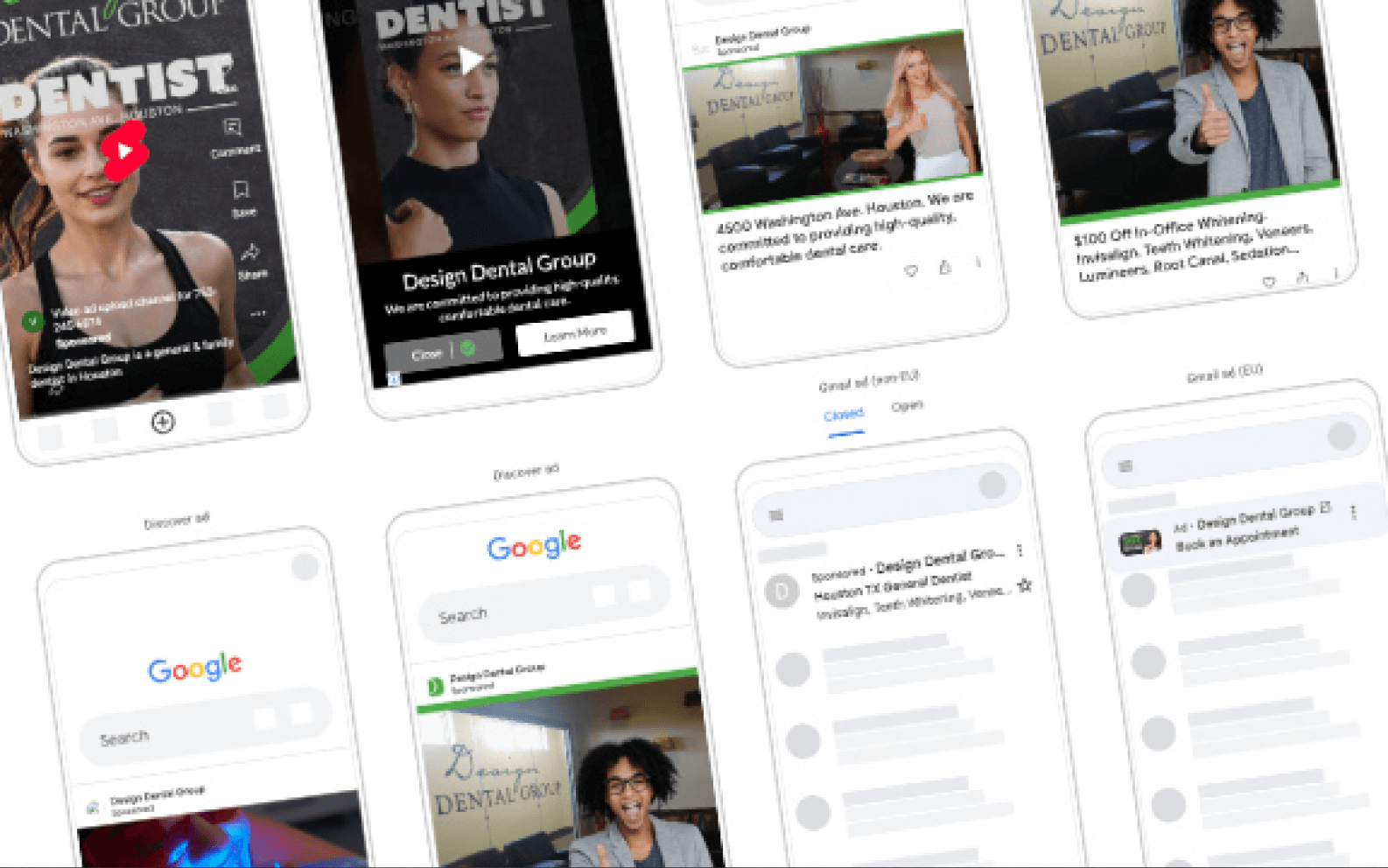 Examples of dental video, display, and search advertisements on mobile screens.